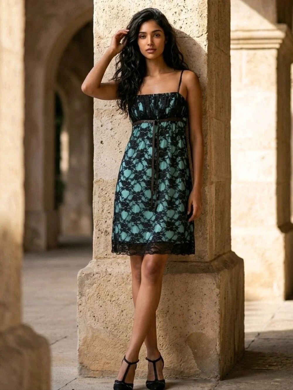 Black Lace Mint Green Dress Empire Waist Coquette Mini Party Slip M Dark Romance